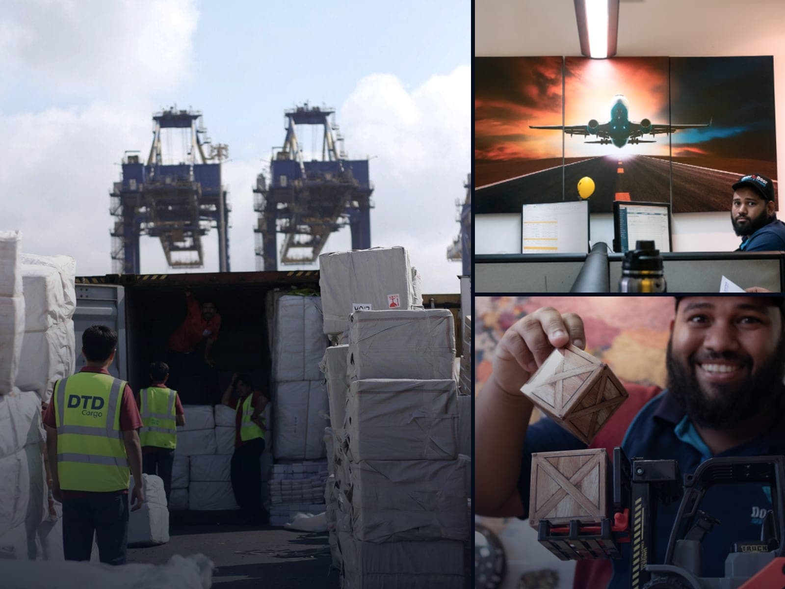 Operación de DTD Cargo en Venezuela: la cuadrilla descargando el contenedor en el puerto con las grúas del patio al fondo, el equipo en la oficina de Valencia y un operario con la mercancía ya nacionalizada